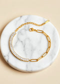 18K Gold-Plated Rhinestone Mixed-Link Bracelet in Stainless Steel, Adjustable 6–8 Inch
