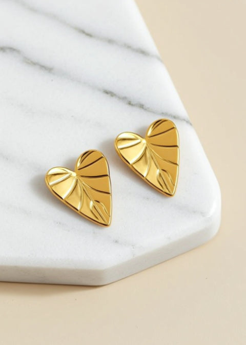 Sculpted Heart Stud Earrings in 18K Gold-Plated Stainless Steel, Gold or Silver