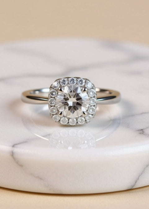 1 Carat Round Moissanite Cushion Halo Adjustable Ring in .925 Sterling Silver