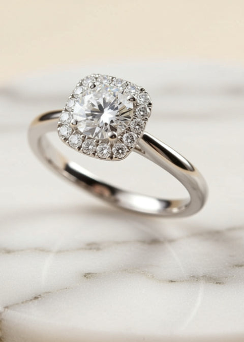 1 Carat Round Moissanite Cushion Halo Adjustable Ring in .925 Sterling Silver