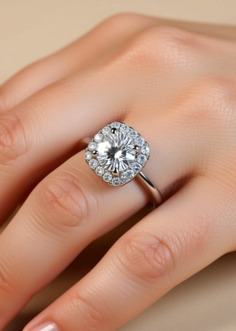 1 Carat Round Moissanite Cushion Halo Adjustable Ring in .925 Sterling Silver