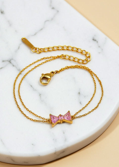 18K Gold-Plated Pink Zircon Bow Bracelet with Double Chain, Adjustable 6.5–8.5 Inch
