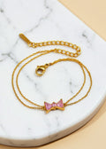 18K Gold-Plated Pink Zircon Bow Bracelet with Double Chain, Adjustable 6.5–8.5 Inch