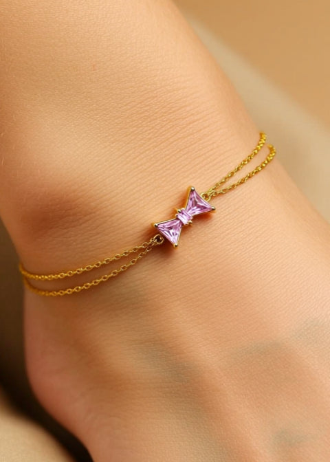 18K Gold-Plated Pink Zircon Bow Bracelet with Double Chain, Adjustable 6.5–8.5 Inch