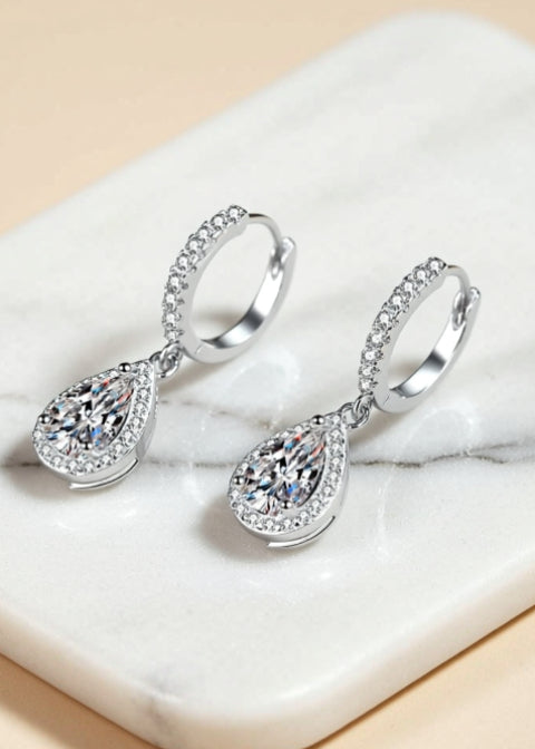2 CT Pear-Shaped Moissanite Halo Drop Earrings in Rhodium-Plated .925 Sterling Silver