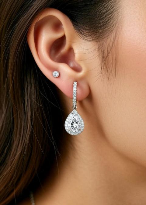 2 CT Pear-Shaped Moissanite Halo Drop Earrings in Rhodium-Plated .925 Sterling Silver