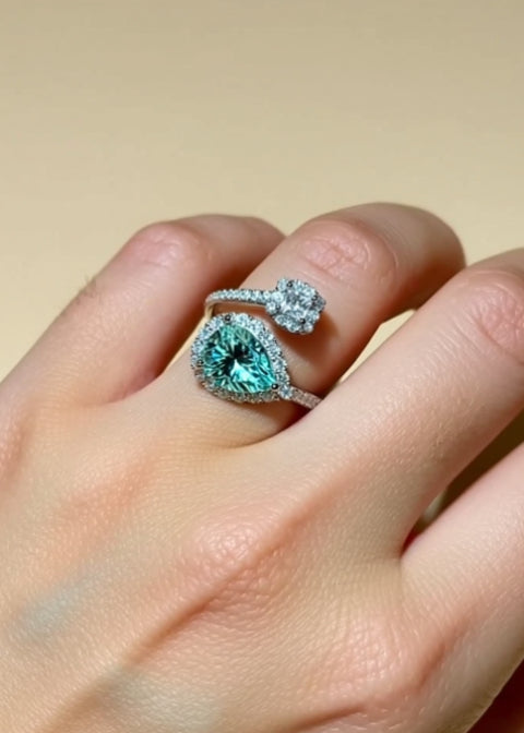 2 Carat Aqua Blue Moissanite Adjustable Double Halo Wrap Ring in .925 Sterling Silver