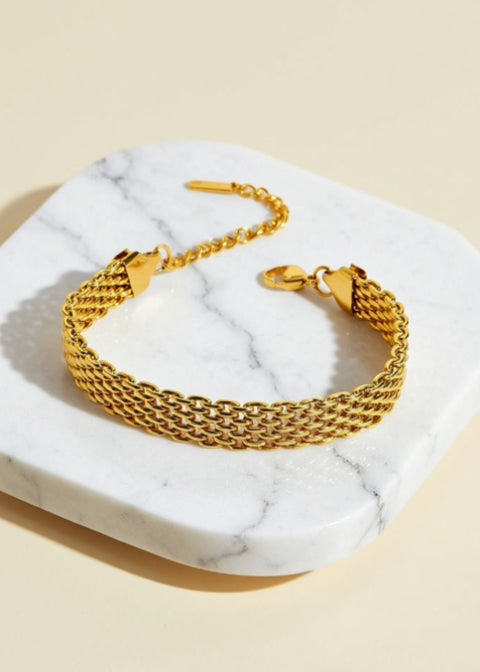 18K Gold Stainless Steel Multi-Row Mesh Chain Bracelet, Adjustable 7–9 Inch