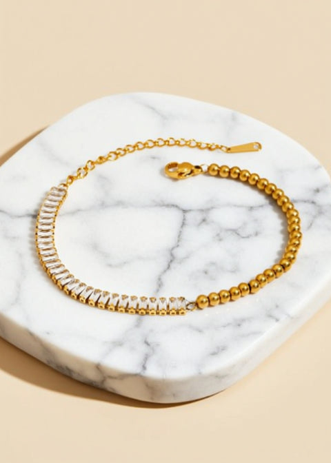 18K Gold-Plated Rhinestone Mixed-Link Bracelet in Stainless Steel, Adjustable 6–8 Inch