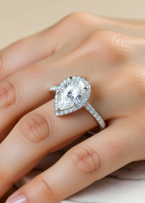 4 Carat Pear-Cut Moissanite Halo Ring in .925 Sterling Silver