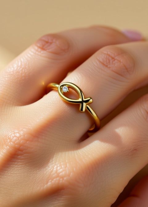 Gold-Plated Ichthys Fish Ring with Zircon in .925 Sterling Silver