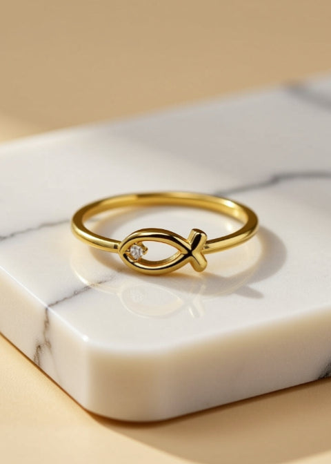 Gold-Plated Ichthys Fish Ring with Zircon in .925 Sterling Silver