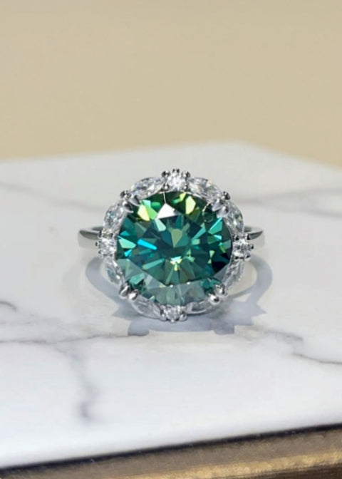 5 Carat Green Round-Cut Moissanite Halo Ring in Platinum-Plated .925 Sterling Silver