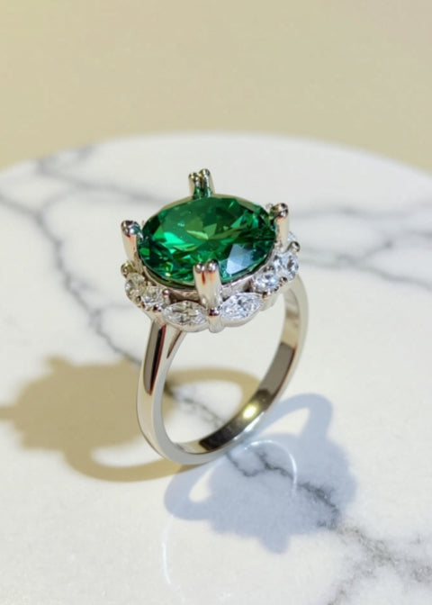5 Carat Green Round-Cut Moissanite Halo Ring in Platinum-Plated .925 Sterling Silver