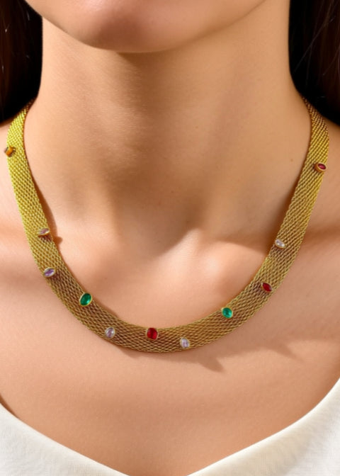 Multicolor Zircon Mesh Choker Necklace in 18K Gold-Plated Titanium Steel, Gold or Silver
