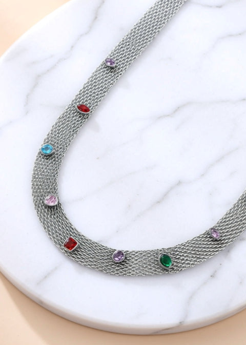 Multicolor Zircon Mesh Choker Necklace in 18K Gold-Plated Titanium Steel, Gold or Silver
