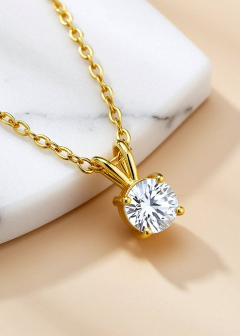 18K Gold-Plated Round Zircon Solitaire Pendant Necklace in Titanium Steel, 16–18 Inch