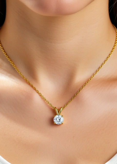 18K Gold-Plated Round Zircon Solitaire Pendant Necklace in Titanium Steel, 16–18 Inch