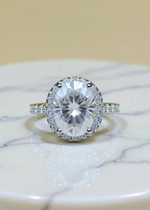 5 Carat Oval-Cut Moissanite Halo Ring in .925 Sterling Silver