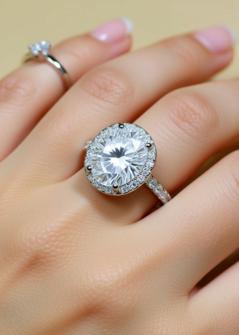 5 Carat Oval-Cut Moissanite Halo Ring in .925 Sterling Silver