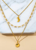 18K Gold-Plated Celestial Layered Necklace with Moon, Sun and Crystal Beads, 16 Inch