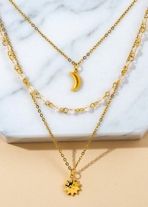 18K Gold-Plated Celestial Layered Necklace with Moon, Sun and Crystal Beads, 16 Inch