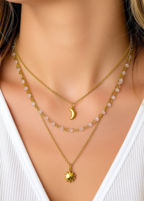 18K Gold-Plated Celestial Layered Necklace with Moon, Sun and Crystal Beads, 16 Inch
