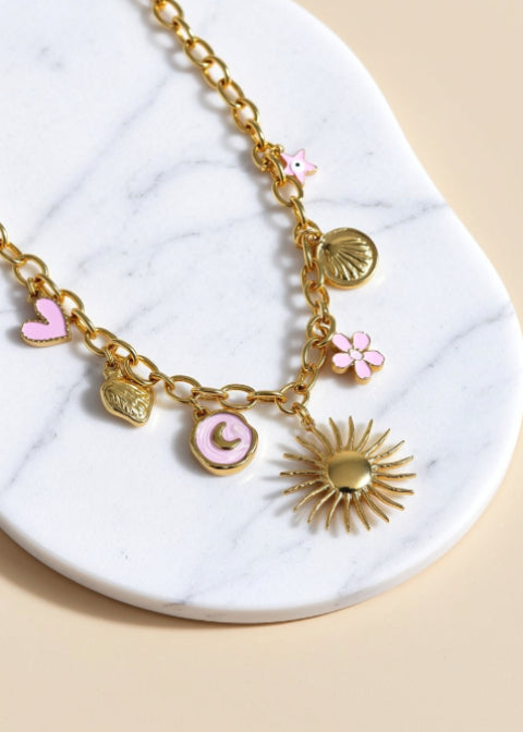 18K Gold-Plated Coastal Charm Necklace with Starfish and Sunburst Heart, 18–20 Inch