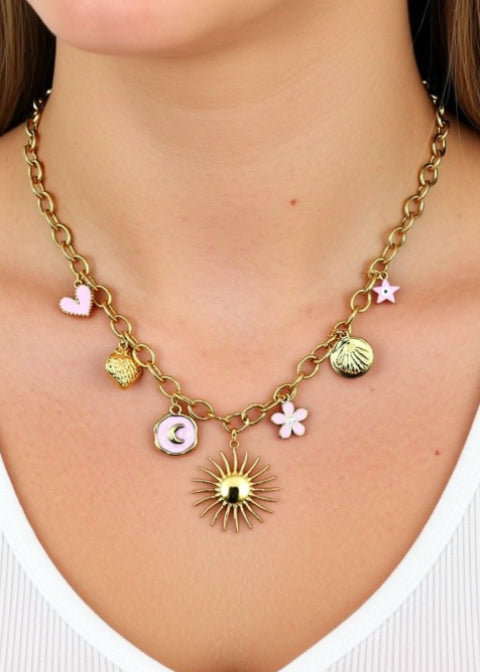 18K Gold-Plated Coastal Charm Necklace with Starfish and Sunburst Heart, 18–20 Inch