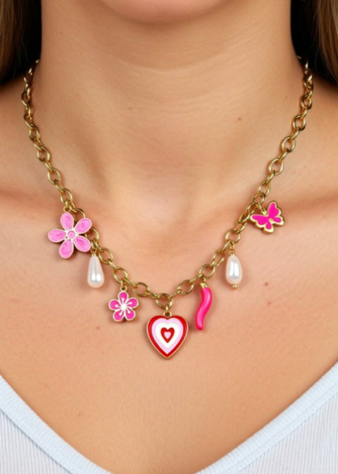 18K Gold-Plated Coastal Charm Necklace with Starfish and Sunburst Heart, 18–20 Inch