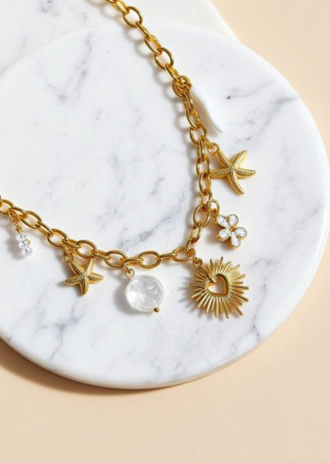 18K Gold-Plated Coastal Charm Necklace with Starfish and Sunburst Heart, 18–20 Inch