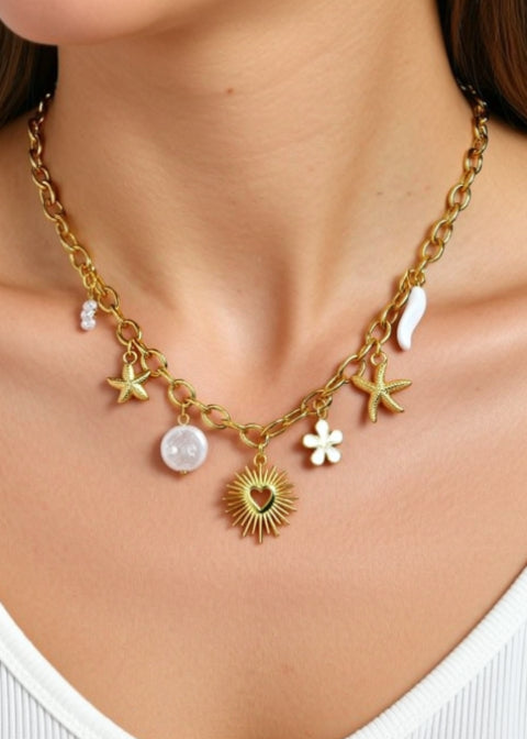 18K Gold-Plated Coastal Charm Necklace with Starfish and Sunburst Heart, 18–20 Inch