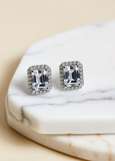 1 CT Emerald-Cut Moissanite Halo Stud Earrings in Rhodium-Plated .925 Sterling Silver