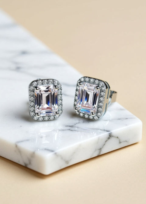 1 CT Emerald-Cut Moissanite Halo Stud Earrings in Rhodium-Plated .925 Sterling Silver