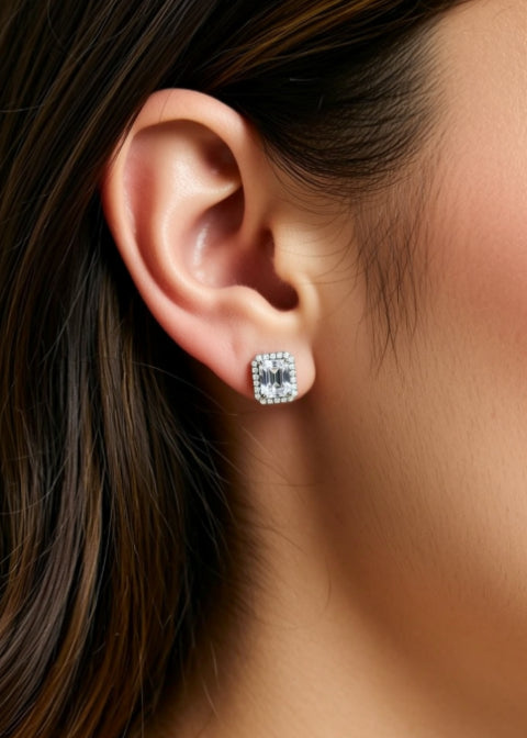 1 CT Emerald-Cut Moissanite Halo Stud Earrings in Rhodium-Plated .925 Sterling Silver