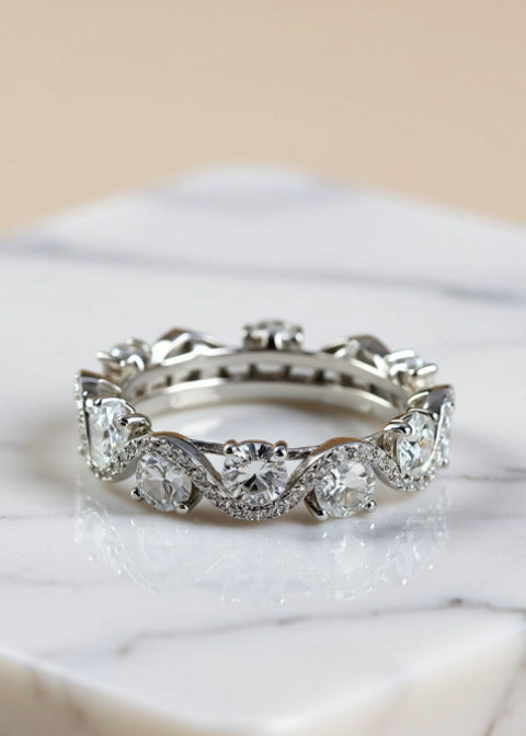 Round Moissanite Infinity Eternity Band in Platinum-Plated .925 Sterling Silver