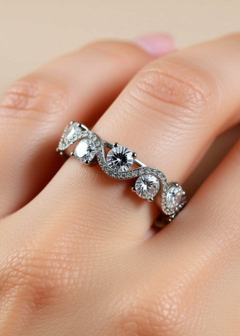 Round Moissanite Infinity Eternity Band in Platinum-Plated .925 Sterling Silver