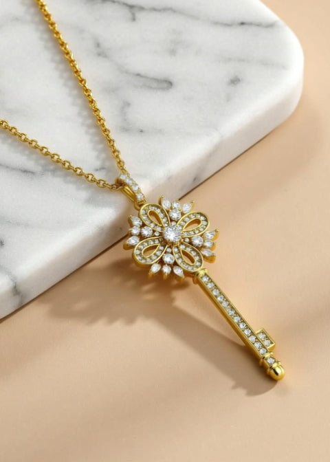 18K Gold-Plated Floral Key Pendant Necklace with Zircon, Blue, White or Green
