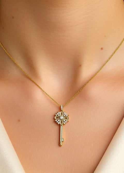 18K Gold-Plated Floral Key Pendant Necklace with Zircon, Blue, White or Green