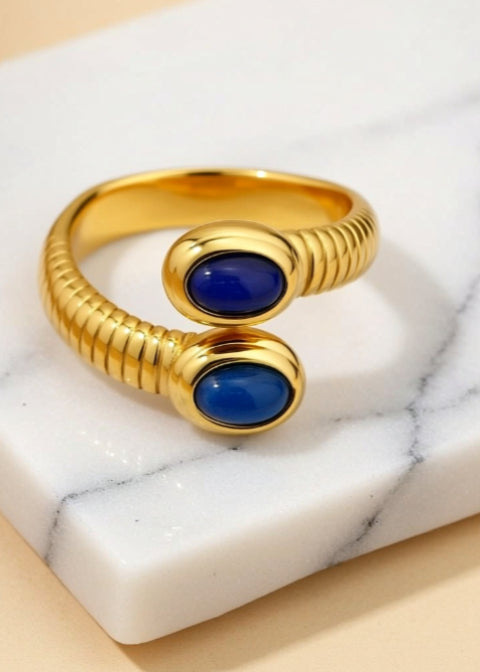 Adjustable Lapis Lazuli Bypass Ring in 18K Gold-Plated Stainless Steel, 4 Styles