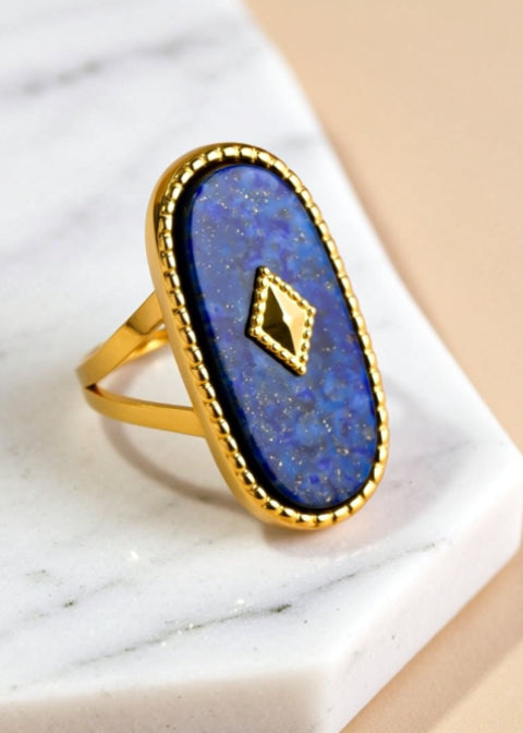 Adjustable Lapis Lazuli Bypass Ring in 18K Gold-Plated Stainless Steel, 4 Styles