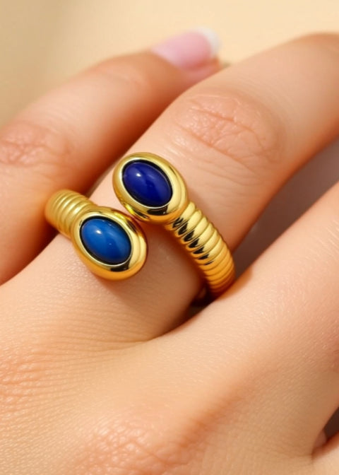 Adjustable Lapis Lazuli Bypass Ring in 18K Gold-Plated Stainless Steel, 4 Styles
