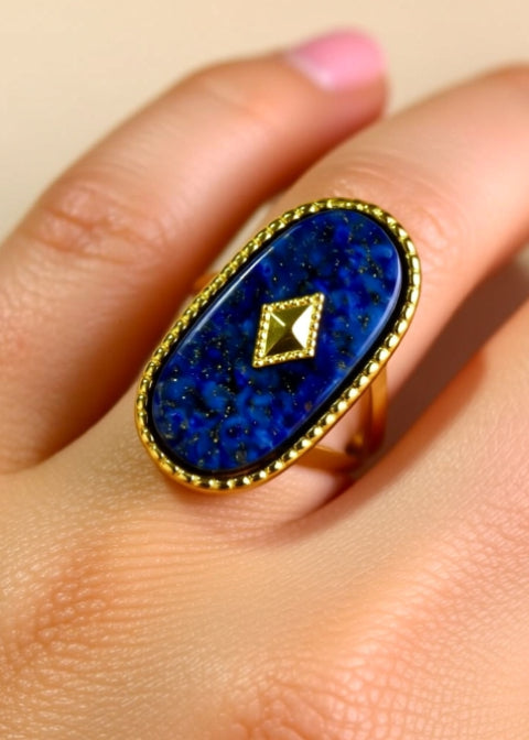 Adjustable Lapis Lazuli Bypass Ring in 18K Gold-Plated Stainless Steel, 4 Styles