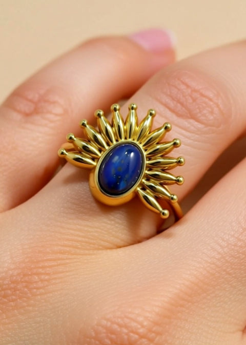 Adjustable Lapis Lazuli Bypass Ring in 18K Gold-Plated Stainless Steel, 4 Styles