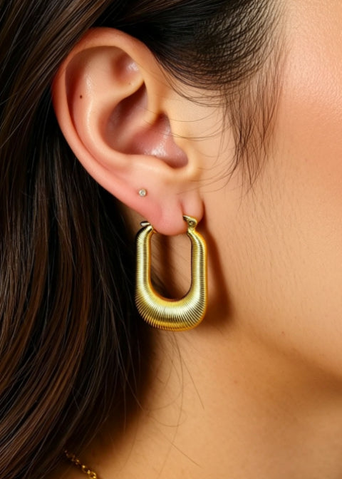 Ribbed Geometric Hoop Earrings in Stainless Steel, 1-Inch Statement Earrings