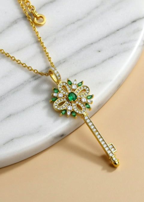 18K Gold-Plated Floral Key Pendant Necklace with Zircon, Blue, White or Green
