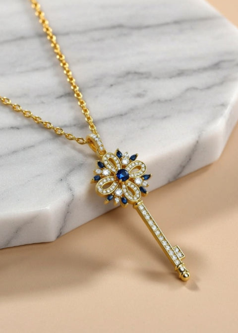 18K Gold-Plated Floral Key Pendant Necklace with Zircon, Blue, White or Green