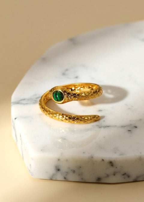Adjustable Malachite Snake Wrap Ring in Textured Stainless Steel