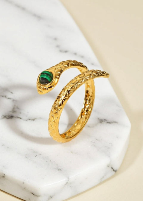 Adjustable Malachite Snake Wrap Ring in Textured Stainless Steel