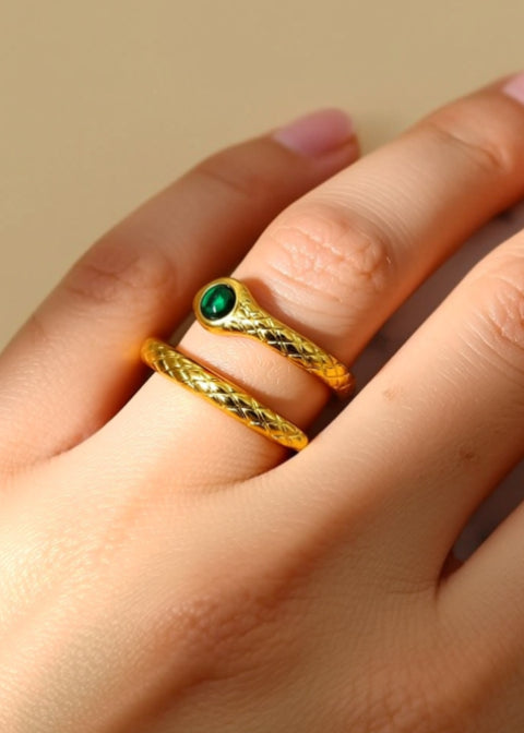 Adjustable Malachite Snake Wrap Ring in Textured Stainless Steel